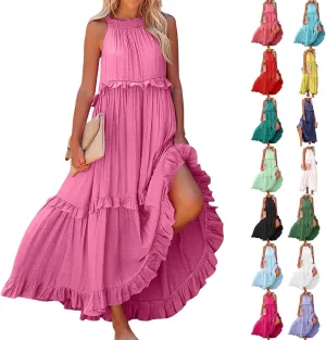 Summer Maxi Dresses for Women 2025 Smocked Halter Tiered Ruffle Flowy Dress Beach Wedding Guest Dress with Pockets