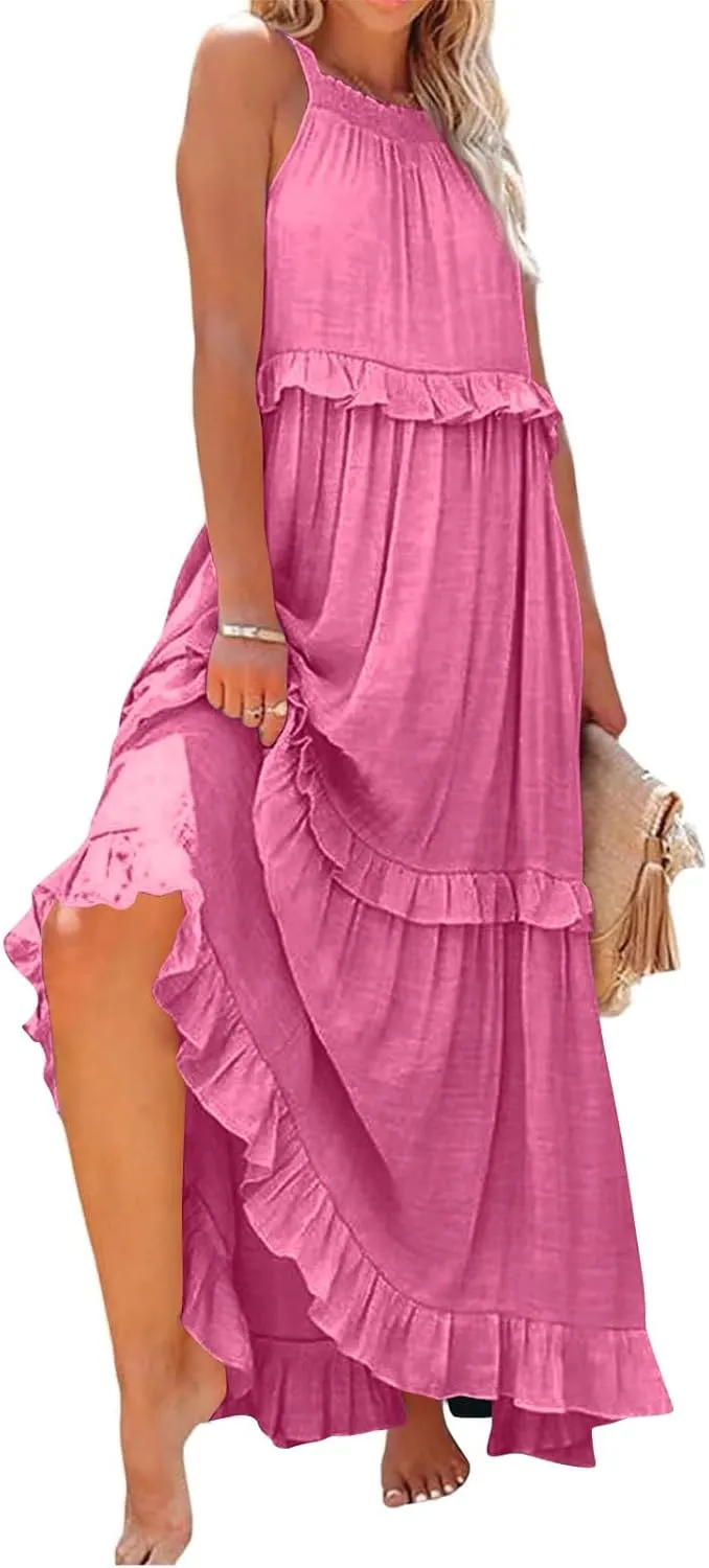Summer Maxi Dresses for Women 2025 Smocked Halter Tiered Ruffle Flowy Dress Beach Wedding Guest Dress with Pockets