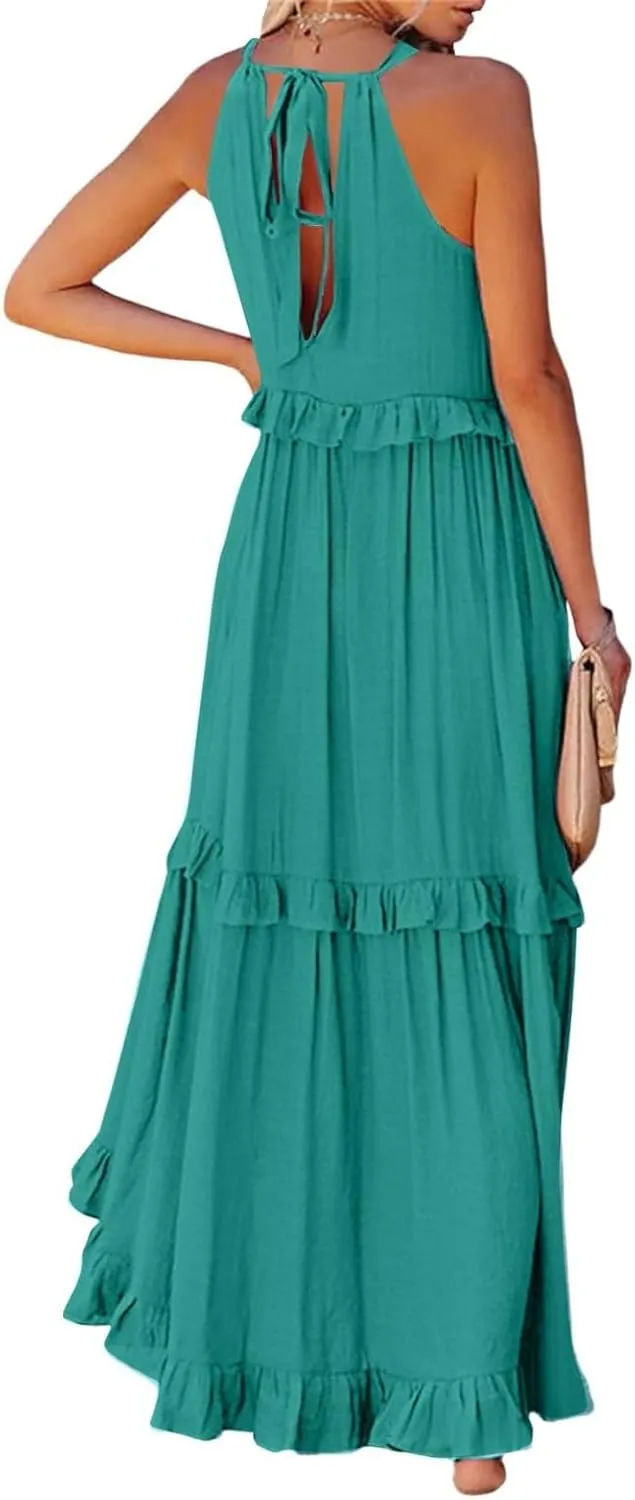 Summer Maxi Dresses for Women 2025 Smocked Halter Tiered Ruffle Flowy Dress Beach Wedding Guest Dress with Pockets
