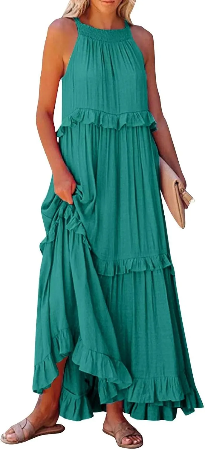 Summer Maxi Dresses for Women 2025 Smocked Halter Tiered Ruffle Flowy Dress Beach Wedding Guest Dress with Pockets