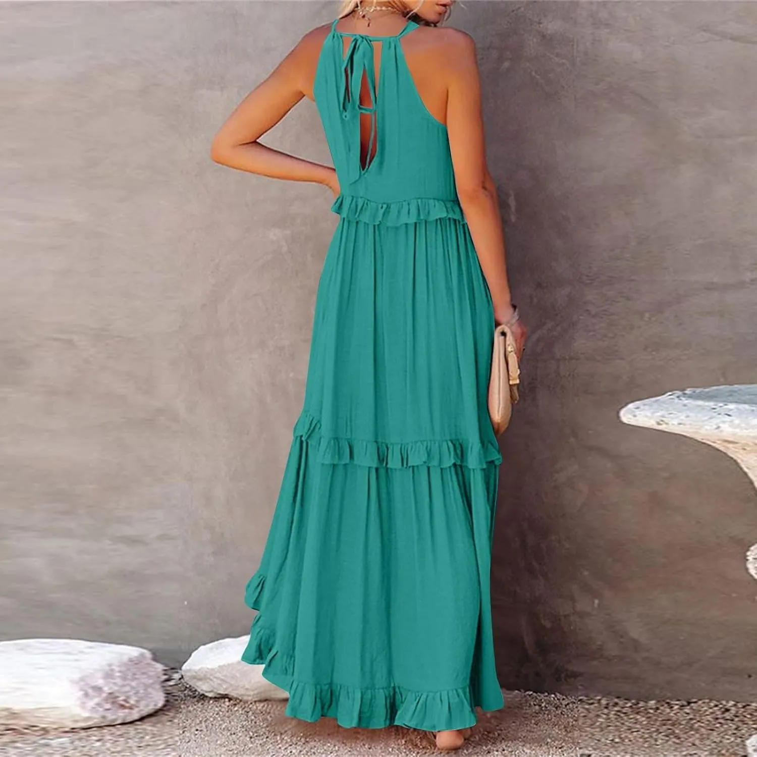 Summer Maxi Dresses for Women 2025 Smocked Halter Tiered Ruffle Flowy Dress Beach Wedding Guest Dress with Pockets
