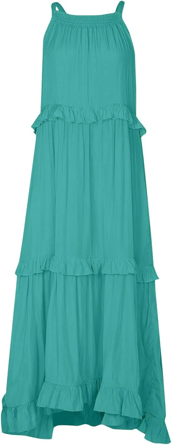 Summer Maxi Dresses for Women 2025 Smocked Halter Tiered Ruffle Flowy Dress Beach Wedding Guest Dress with Pockets