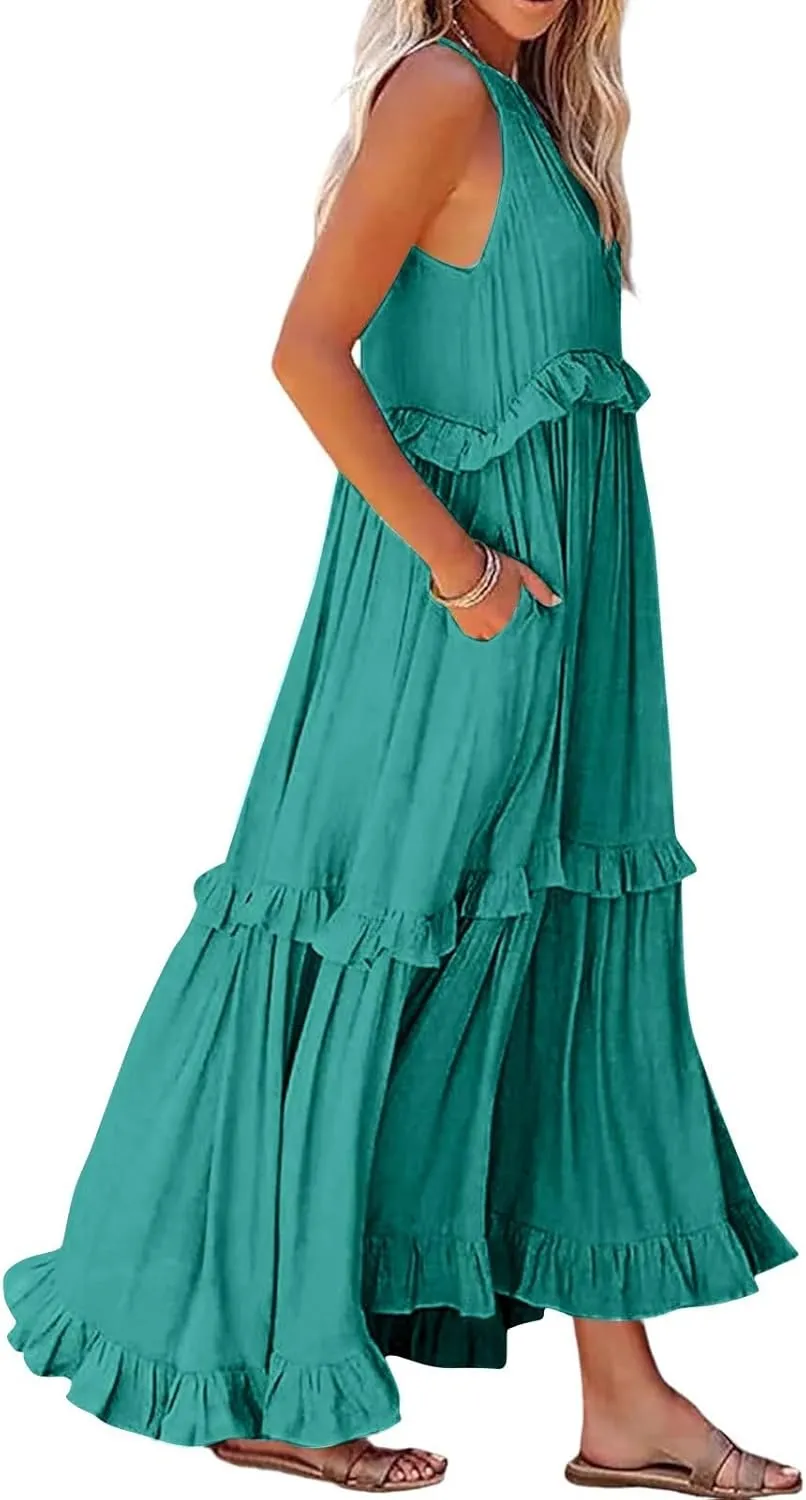 Summer Maxi Dresses for Women 2025 Smocked Halter Tiered Ruffle Flowy Dress Beach Wedding Guest Dress with Pockets