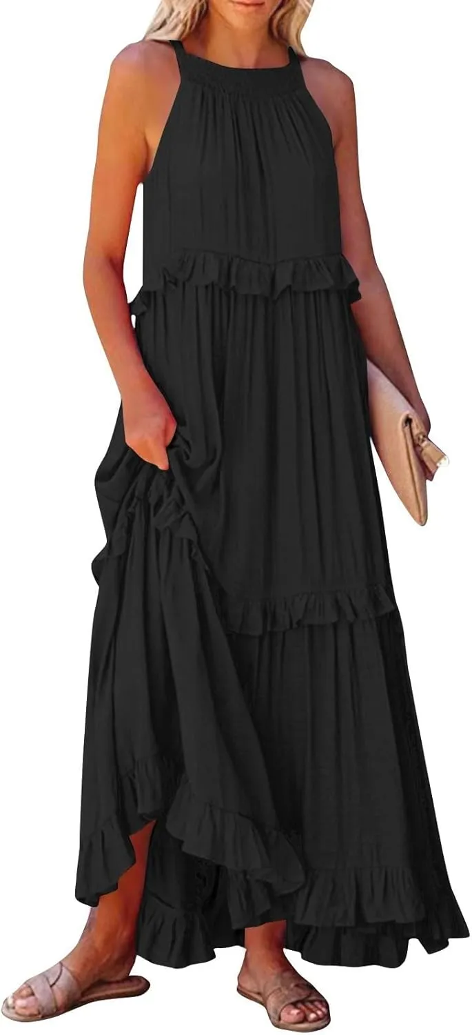 Summer Maxi Dresses for Women 2025 Smocked Halter Tiered Ruffle Flowy Dress Beach Wedding Guest Dress with Pockets