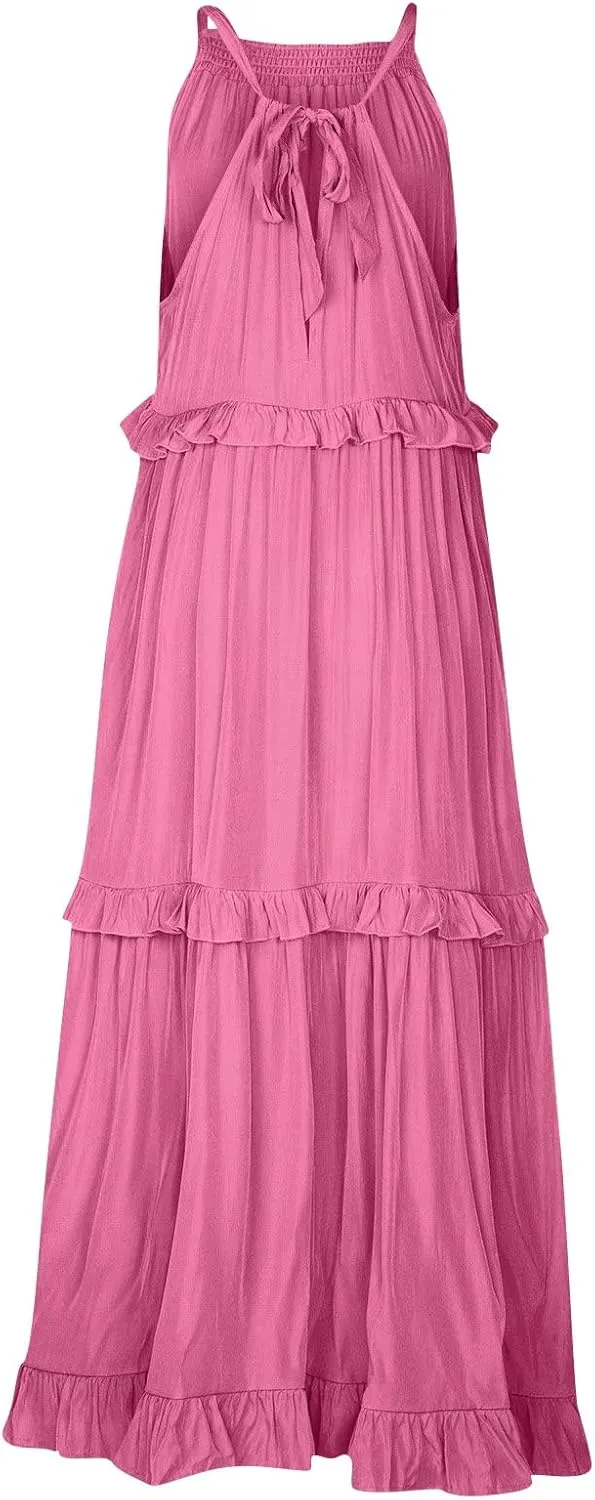 Summer Maxi Dresses for Women 2025 Smocked Halter Tiered Ruffle Flowy Dress Beach Wedding Guest Dress with Pockets