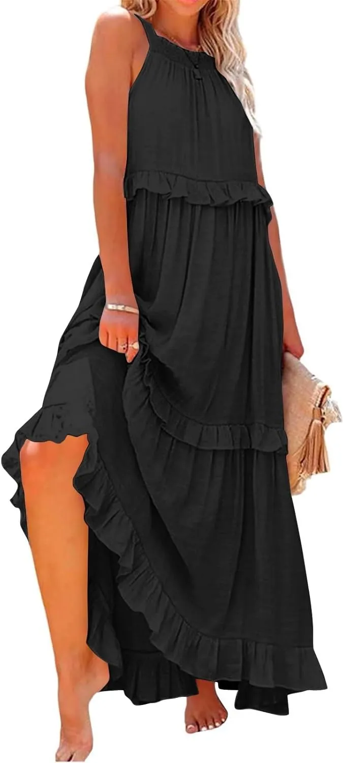 Summer Maxi Dresses for Women 2025 Smocked Halter Tiered Ruffle Flowy Dress Beach Wedding Guest Dress with Pockets