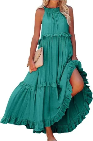 Summer Maxi Dresses for Women 2025 Smocked Halter Tiered Ruffle Flowy Dress Beach Wedding Guest Dress with Pockets
