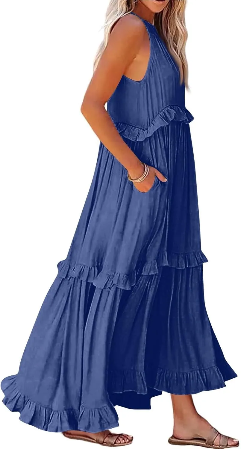 Summer Maxi Dresses for Women 2025 Smocked Halter Tiered Ruffle Flowy Dress Beach Wedding Guest Dress with Pockets