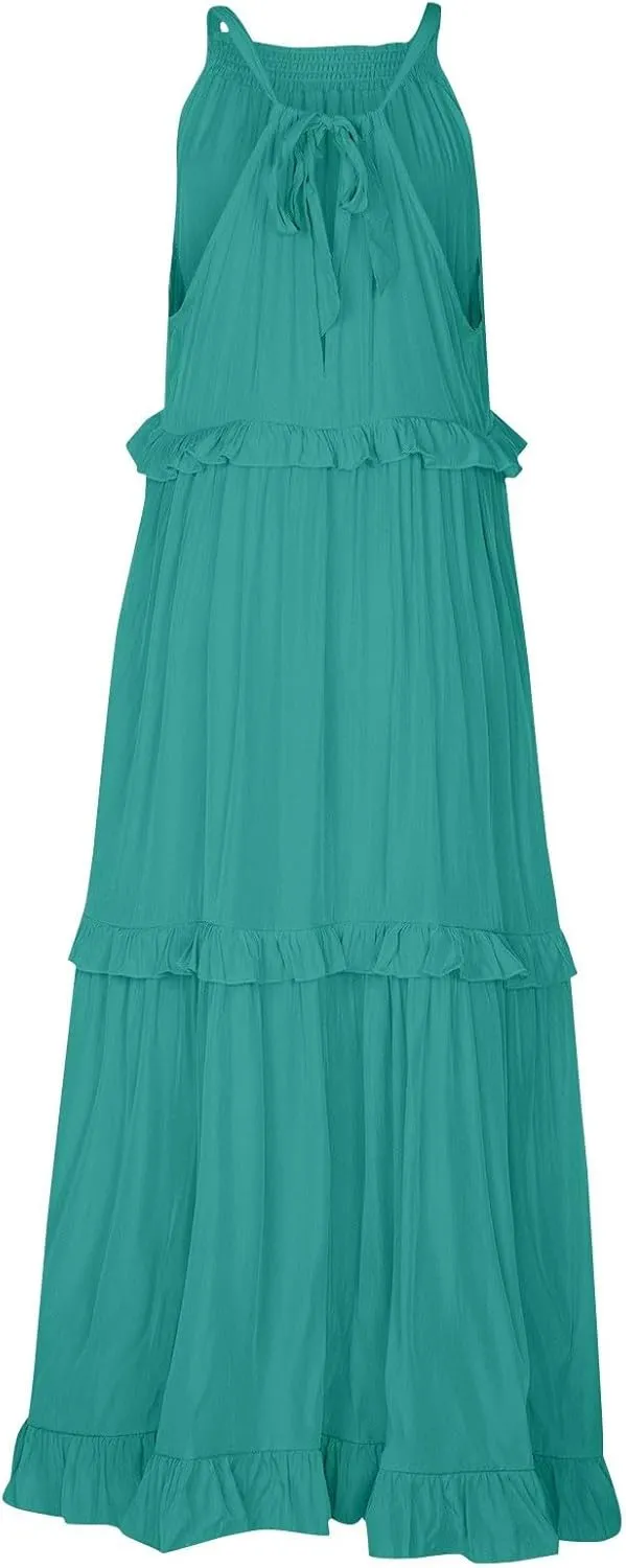 Summer Maxi Dresses for Women 2025 Smocked Halter Tiered Ruffle Flowy Dress Beach Wedding Guest Dress with Pockets