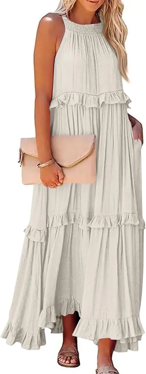 Summer Maxi Dresses for Women 2025 Smocked Halter Tiered Ruffle Flowy Dress Beach Wedding Guest Dress with Pockets