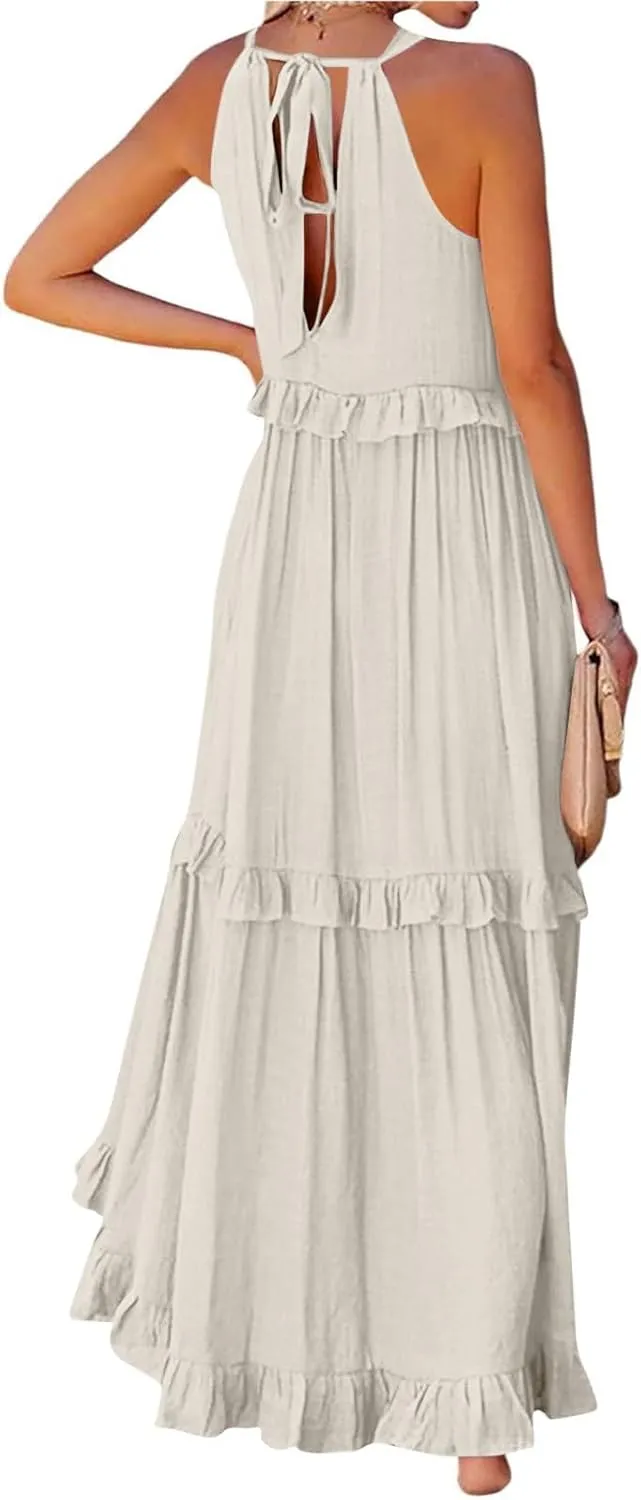 Summer Maxi Dresses for Women 2025 Smocked Halter Tiered Ruffle Flowy Dress Beach Wedding Guest Dress with Pockets