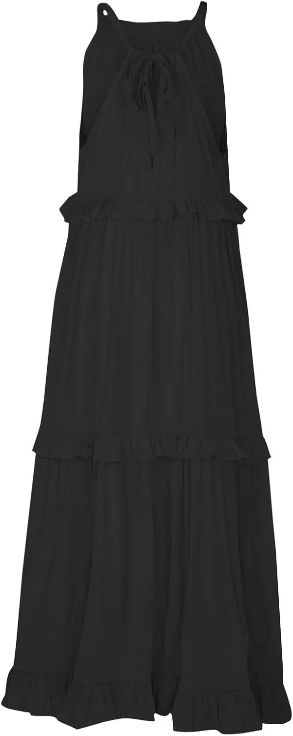 Summer Maxi Dresses for Women 2025 Smocked Halter Tiered Ruffle Flowy Dress Beach Wedding Guest Dress with Pockets