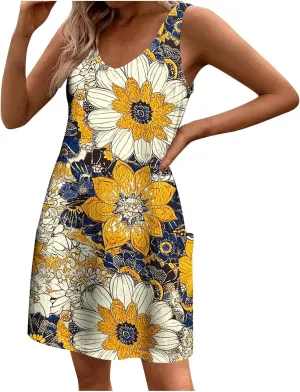 Summer Shirt Dresses Women Beach Boho Sleeveless Mini Dress Vintage Floral Flowy Tank Sundresses Swimwear Cover Up
