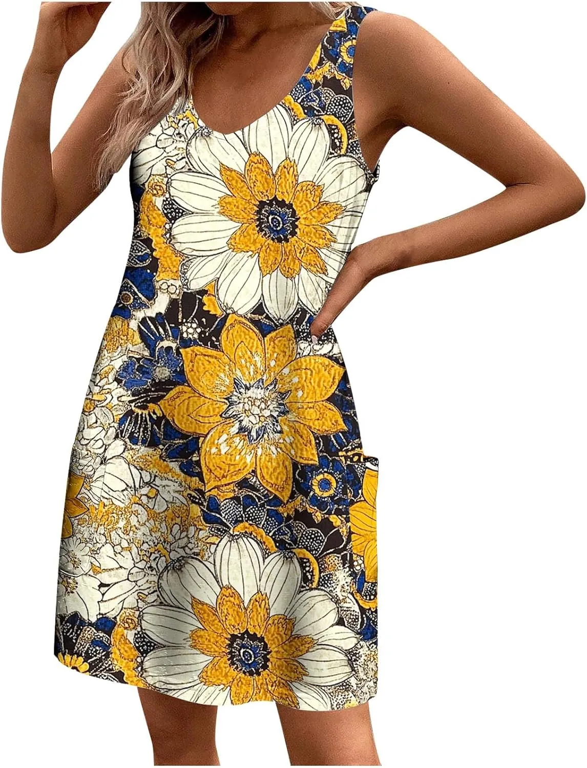 Summer Shirt Dresses Women Beach Boho Sleeveless Mini Dress Vintage Floral Flowy Tank Sundresses Swimwear Cover Up