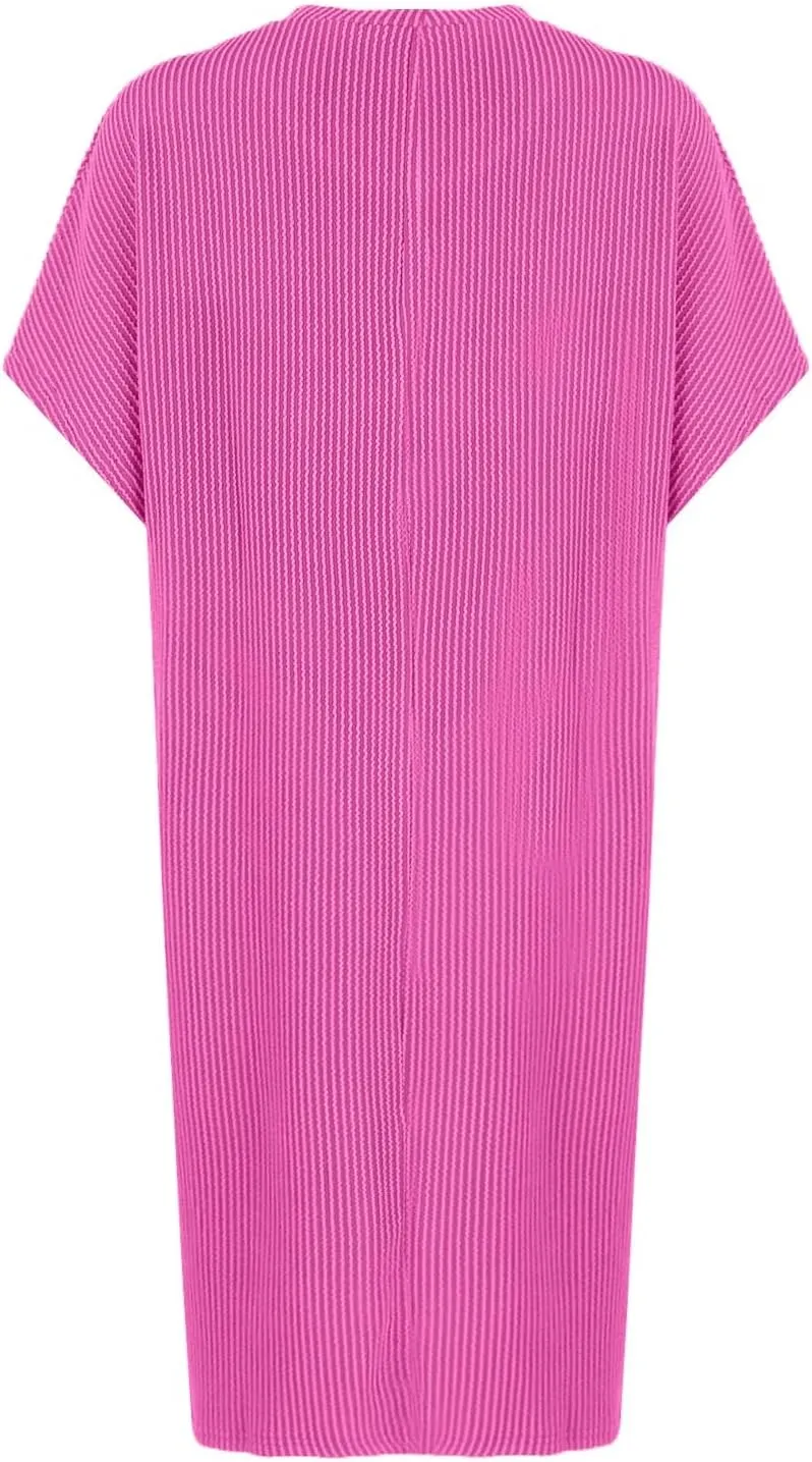 Summer Tshirt Dress Women Trendy Short Sleeve Loose Shift Dresses Casual Striped Textured Ribbed Mini T Shirt Dresses