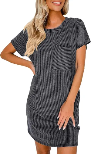 Summer Tshirt Dress Women Trendy Short Sleeve Loose Shift Dresses Casual Striped Textured Ribbed Mini T Shirt Dresses
