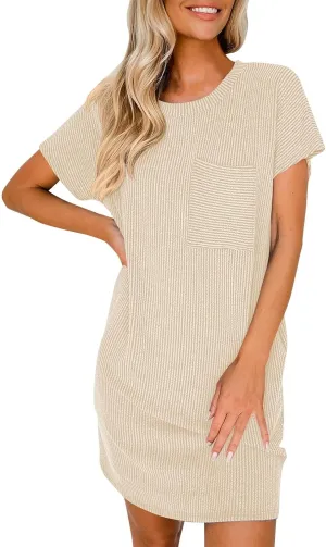 Summer Tshirt Dress Women Trendy Short Sleeve Loose Shift Dresses Casual Striped Textured Ribbed Mini T Shirt Dresses