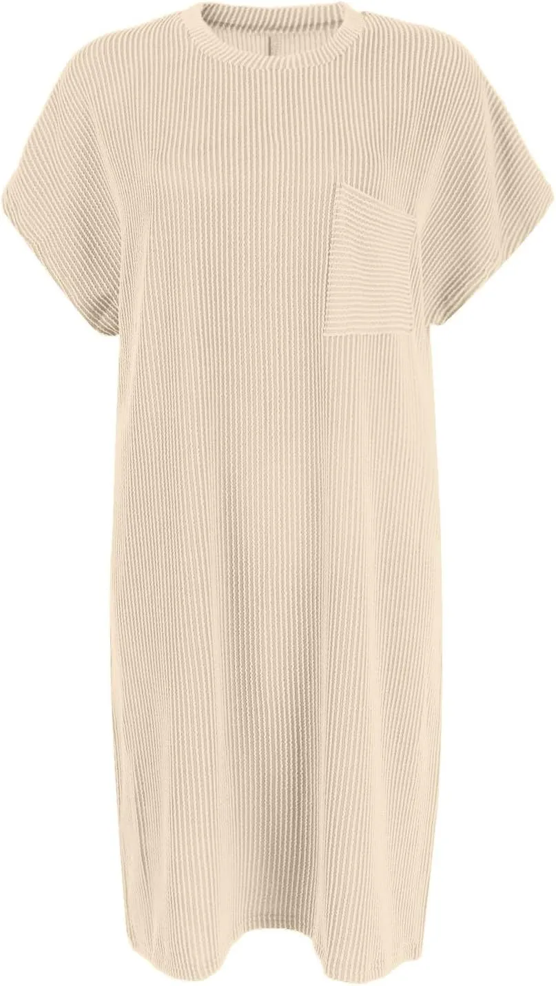 Summer Tshirt Dress Women Trendy Short Sleeve Loose Shift Dresses Casual Striped Textured Ribbed Mini T Shirt Dresses
