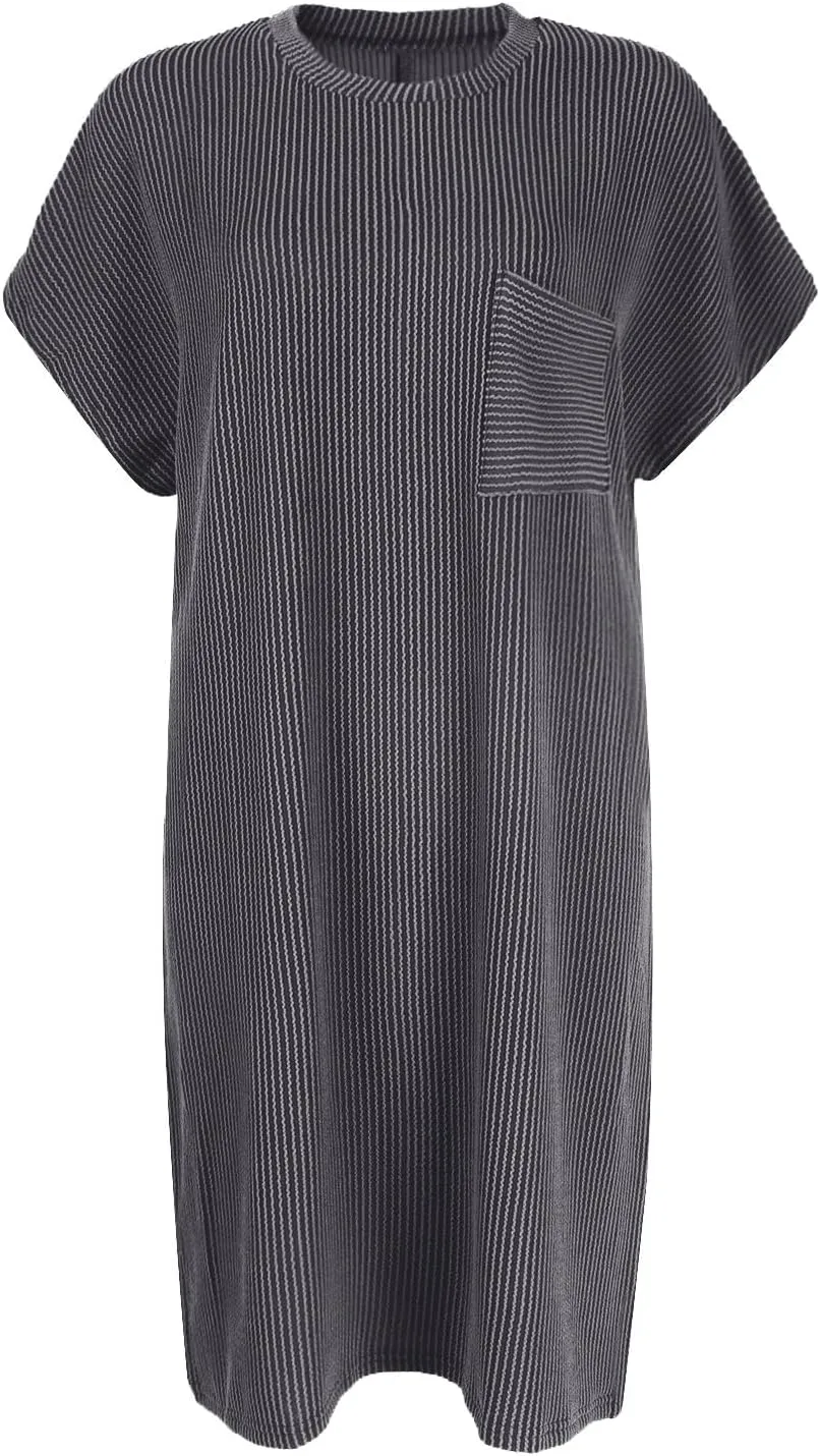 Summer Tshirt Dress Women Trendy Short Sleeve Loose Shift Dresses Casual Striped Textured Ribbed Mini T Shirt Dresses
