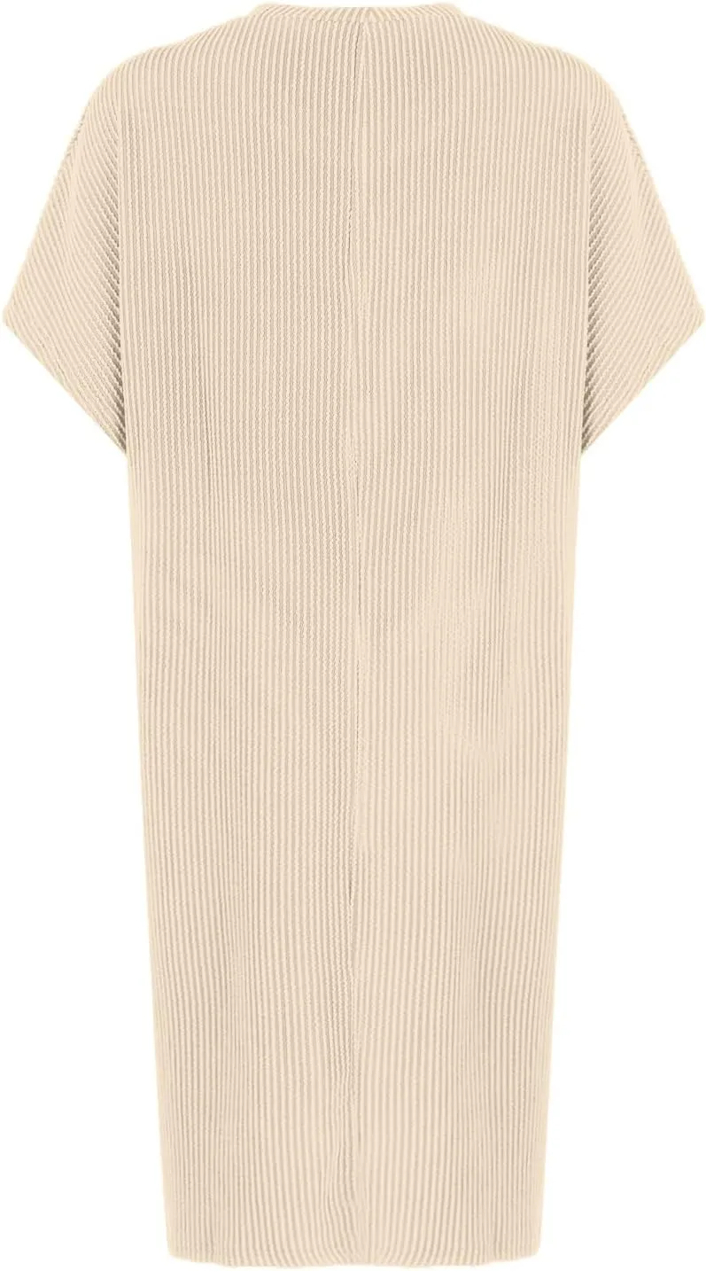 Summer Tshirt Dress Women Trendy Short Sleeve Loose Shift Dresses Casual Striped Textured Ribbed Mini T Shirt Dresses
