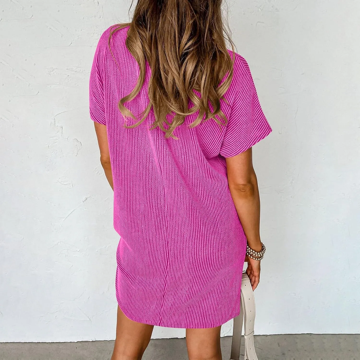 Summer Tshirt Dress Women Trendy Short Sleeve Loose Shift Dresses Casual Striped Textured Ribbed Mini T Shirt Dresses
