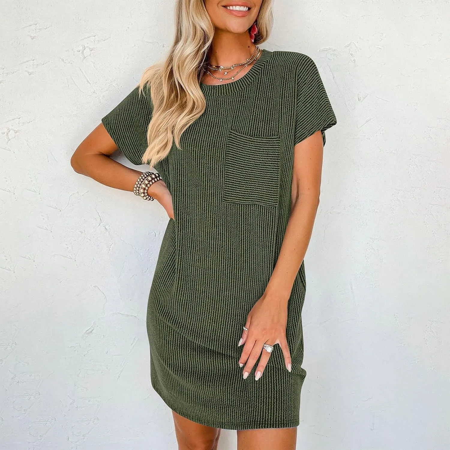 Summer Tshirt Dress Women Trendy Short Sleeve Loose Shift Dresses Casual Striped Textured Ribbed Mini T Shirt Dresses