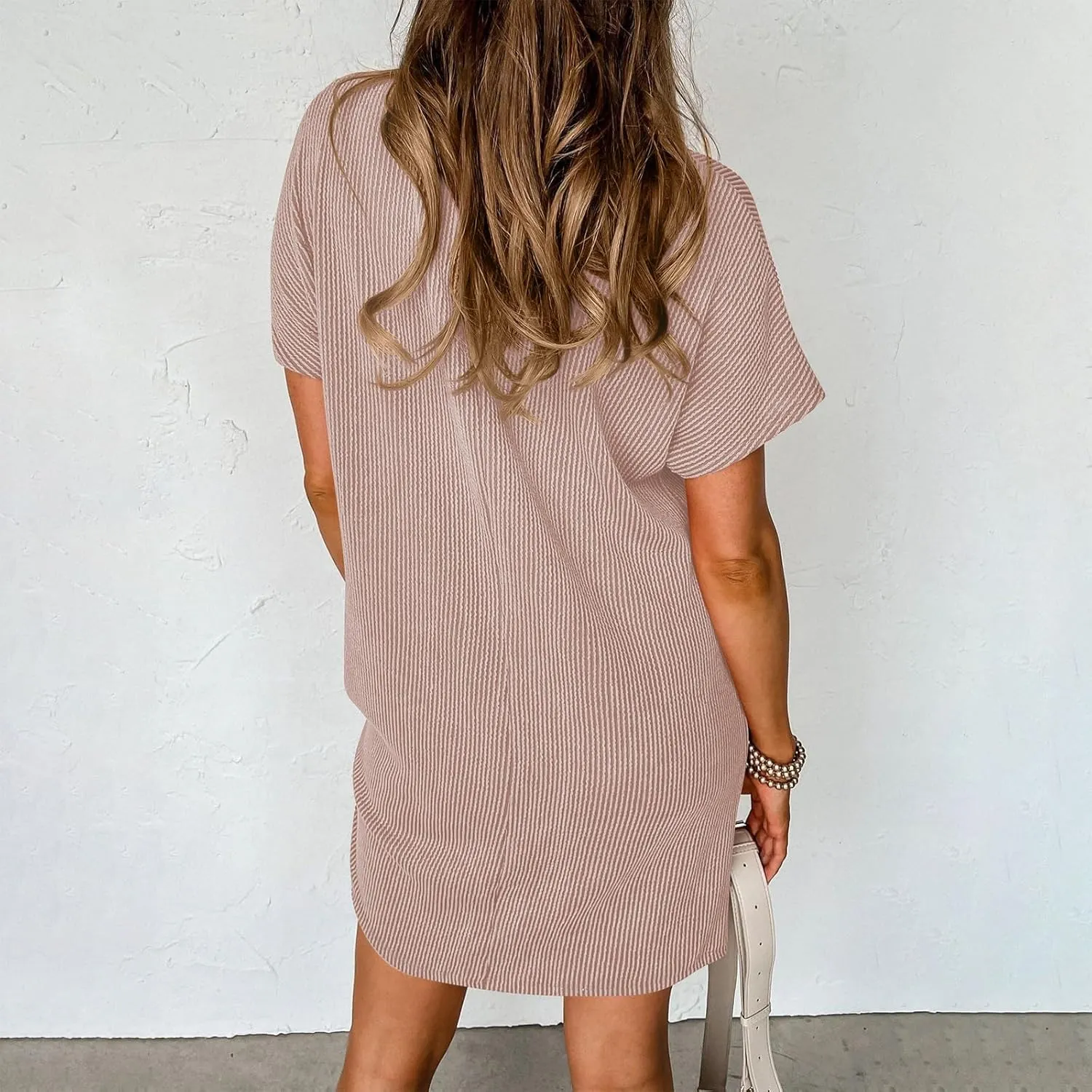 Summer Tshirt Dress Women Trendy Short Sleeve Loose Shift Dresses Casual Striped Textured Ribbed Mini T Shirt Dresses