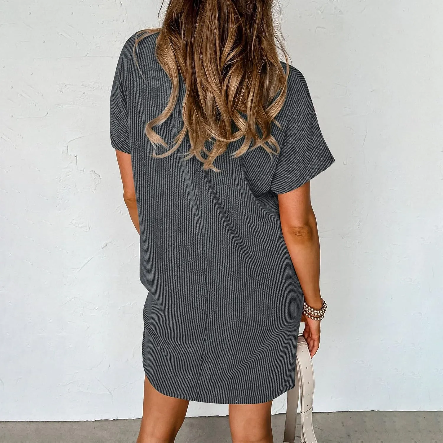 Summer Tshirt Dress Women Trendy Short Sleeve Loose Shift Dresses Casual Striped Textured Ribbed Mini T Shirt Dresses