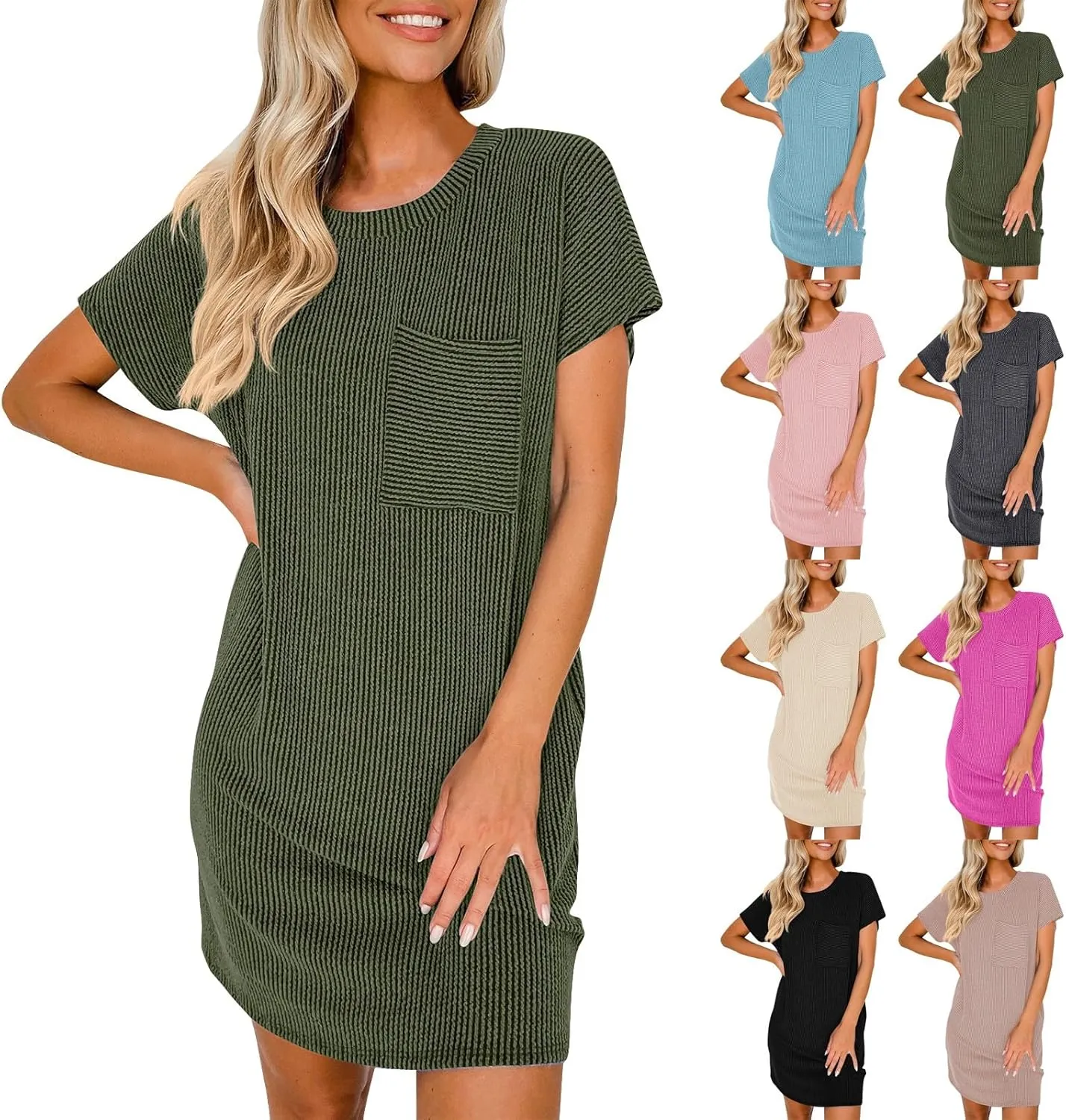 Summer Tshirt Dress Women Trendy Short Sleeve Loose Shift Dresses Casual Striped Textured Ribbed Mini T Shirt Dresses