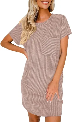 Summer Tshirt Dress Women Trendy Short Sleeve Loose Shift Dresses Casual Striped Textured Ribbed Mini T Shirt Dresses