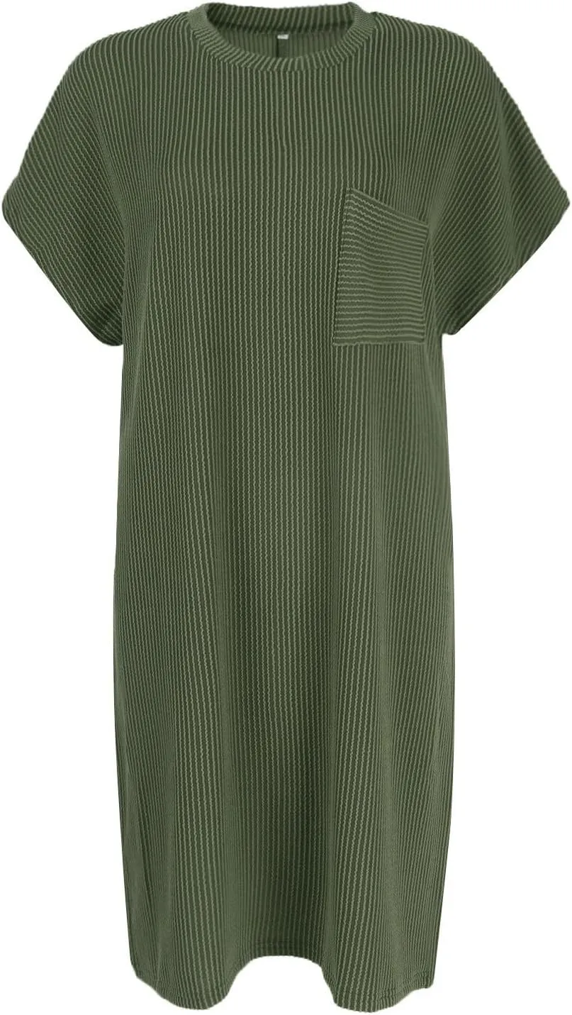 Summer Tshirt Dress Women Trendy Short Sleeve Loose Shift Dresses Casual Striped Textured Ribbed Mini T Shirt Dresses