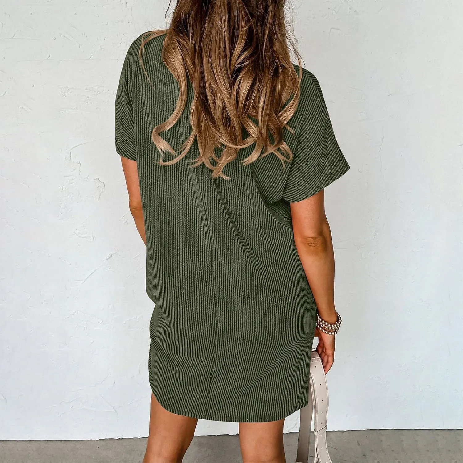 Summer Tshirt Dress Women Trendy Short Sleeve Loose Shift Dresses Casual Striped Textured Ribbed Mini T Shirt Dresses