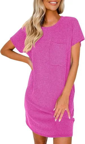 Summer Tshirt Dress Women Trendy Short Sleeve Loose Shift Dresses Casual Striped Textured Ribbed Mini T Shirt Dresses