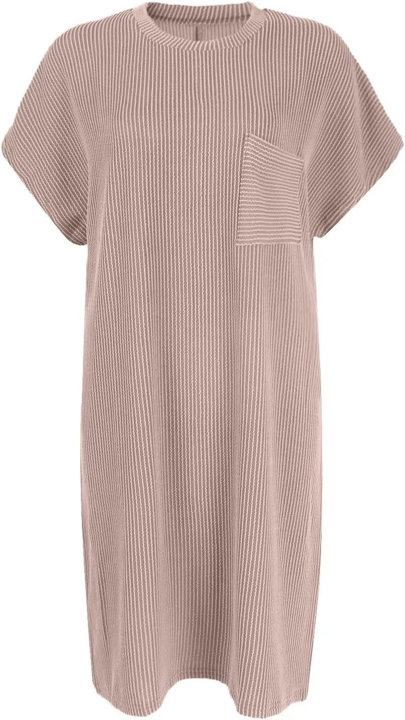 Summer Tshirt Dress Women Trendy Short Sleeve Loose Shift Dresses Casual Striped Textured Ribbed Mini T Shirt Dresses