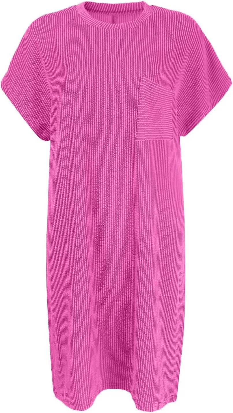 Summer Tshirt Dress Women Trendy Short Sleeve Loose Shift Dresses Casual Striped Textured Ribbed Mini T Shirt Dresses