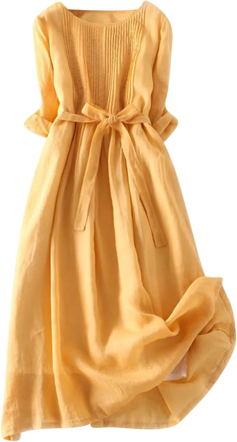 Sundresses for Women 2025 Crew Neck 3/4 Sleeve Summer Midi Dresses Tropical Holiday Beach Vacation Smocked Dress
