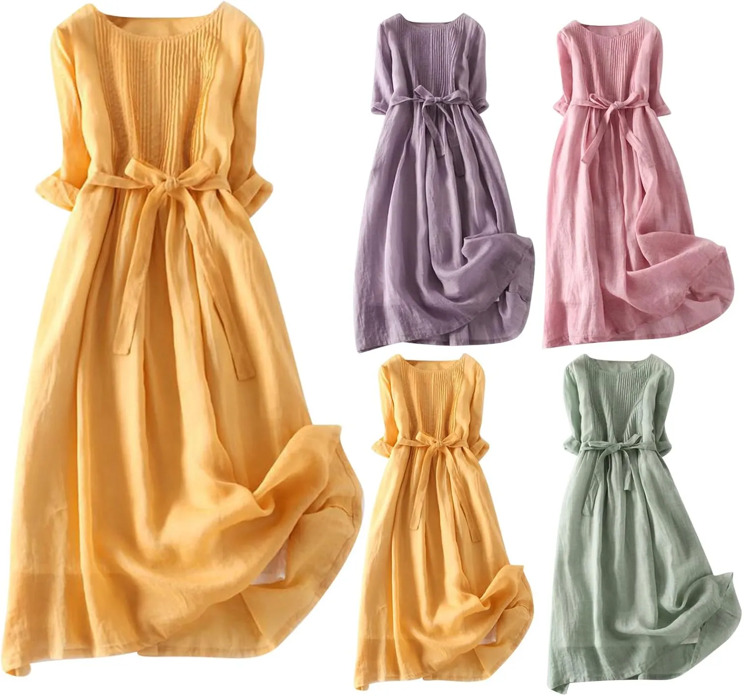 Sundresses for Women 2025 Crew Neck 3/4 Sleeve Summer Midi Dresses Tropical Holiday Beach Vacation Smocked Dress