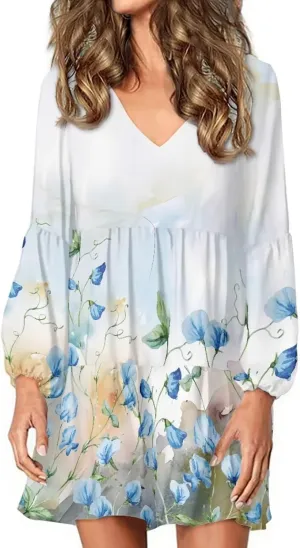 Suobstales Women Summer Tunic Dress V Neck Casual Loose Flowy Swing Shift Dresses Plus Size S-4XL