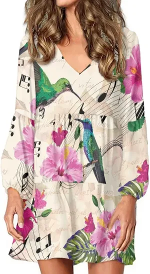 Suobstales Women Summer Tunic Dress V Neck Casual Loose Flowy Swing Shift Dresses Plus Size S-4XL