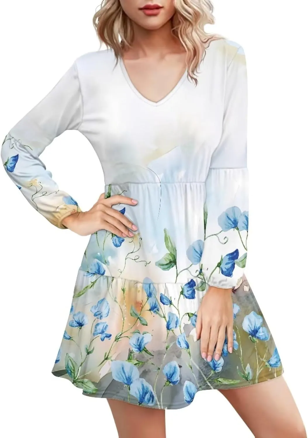 Suobstales Women Summer Tunic Dress V Neck Casual Loose Flowy Swing Shift Dresses Plus Size S-4XL