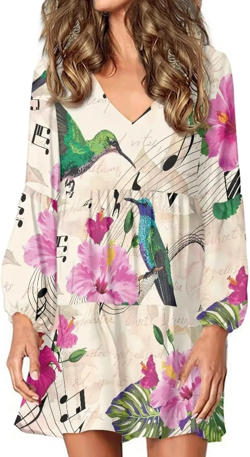 Suobstales Women Summer Tunic Dress V Neck Casual Loose Flowy Swing Shift Dresses Plus Size S-4XL