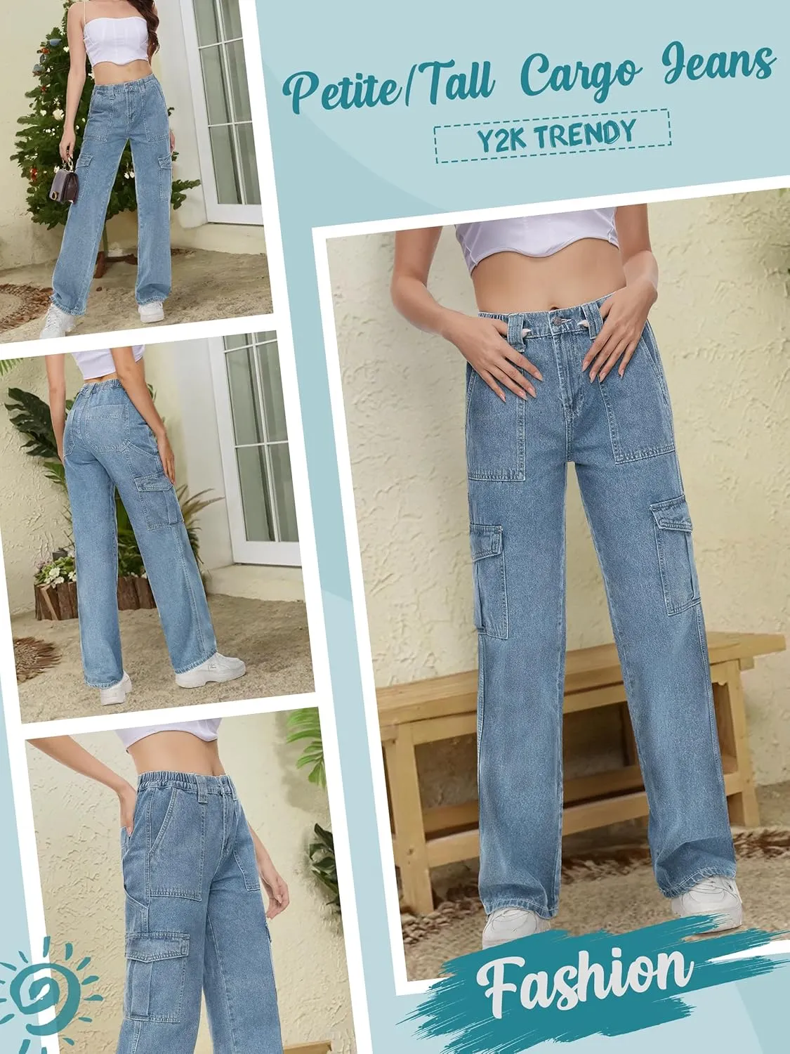 Tapata Women's 26"/28"/30"/32"/34" Cargo Jeans Straight Leg Short Petite Regular Tall Denim Relaxed Y2K Pants