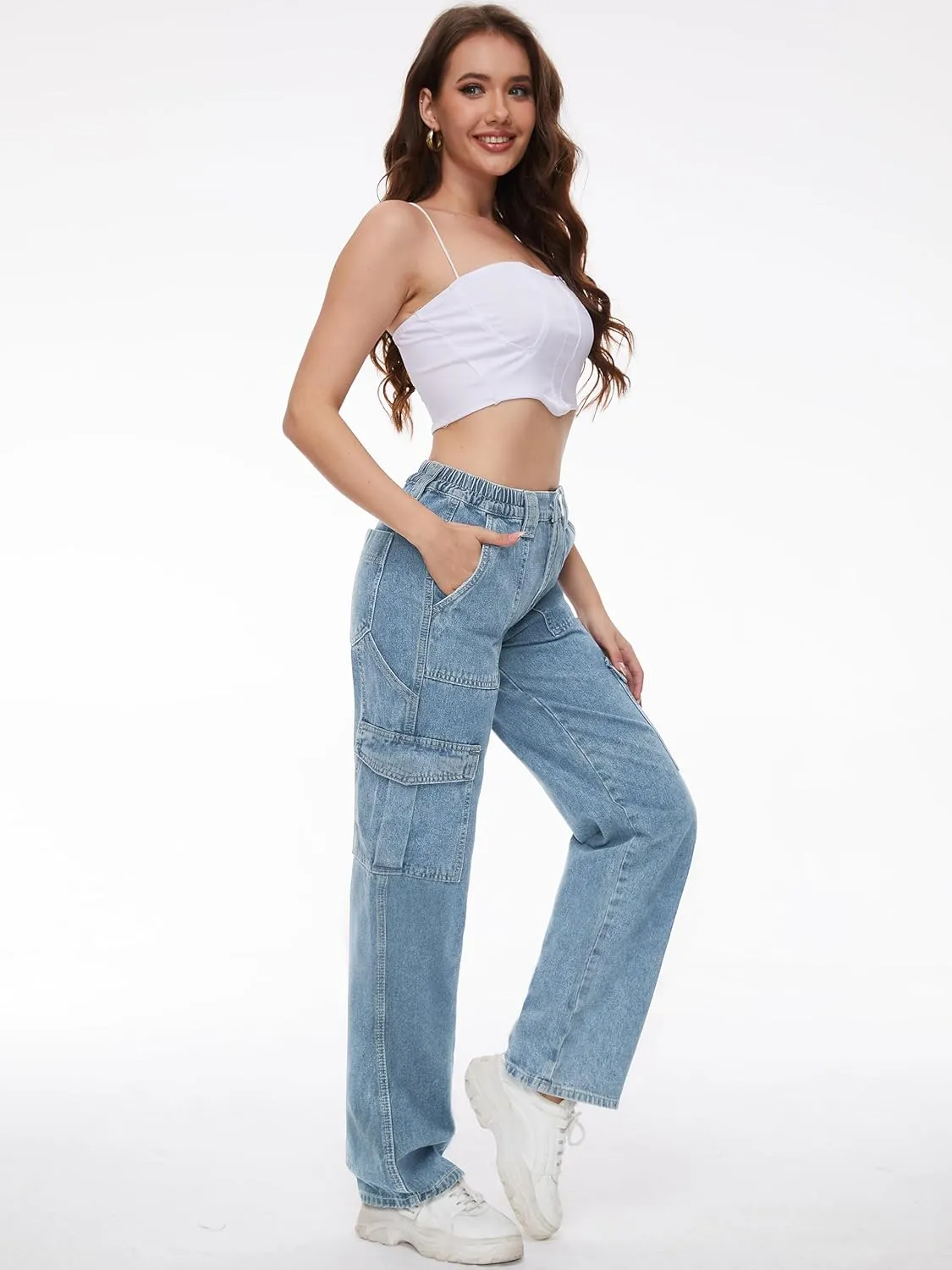 Tapata Women's 26"/28"/30"/32"/34" Cargo Jeans Straight Leg Short Petite Regular Tall Denim Relaxed Y2K Pants