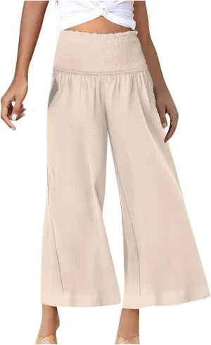 TARIENDY Flowy Pants for Women Petite Ladies Summer Beach Casual Outfits high Waist Wide Leg Pants Elastic Cozy Trousers