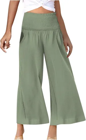 TARIENDY Flowy Pants for Women Petite Ladies Summer Beach Casual Outfits high Waist Wide Leg Pants Elastic Cozy Trousers