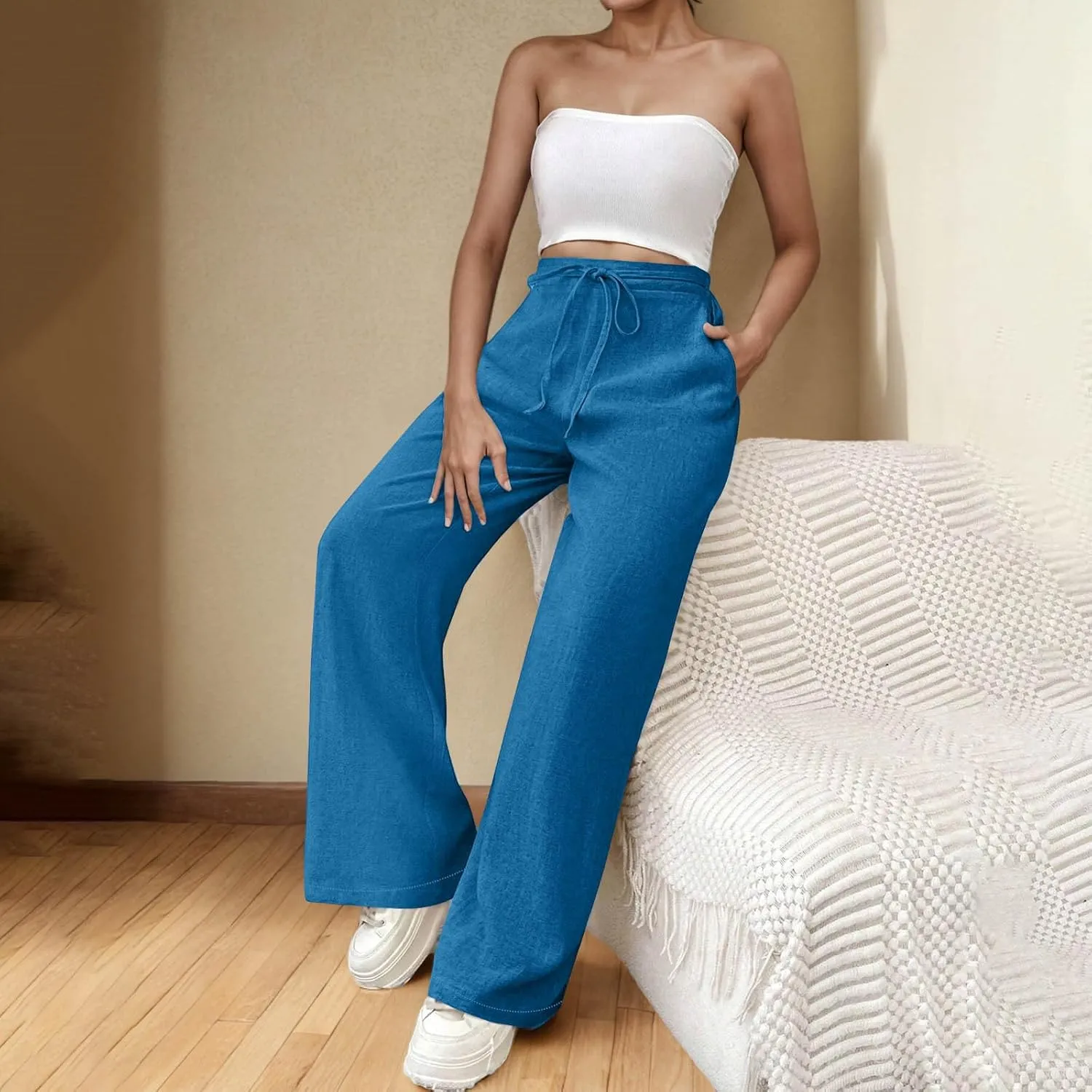 TARIENDY High Waist Wide Leg Pants for Women Women's Elastic Drawstring Trousers high Waist Cozy Outfits Beach Casual Pants