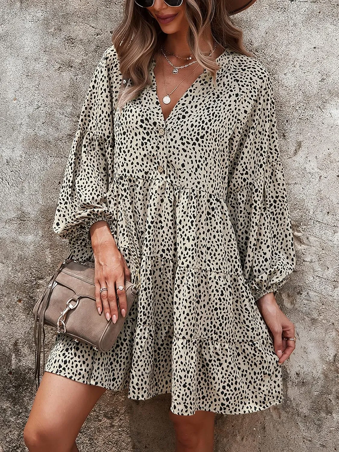 TEMOFON Womens Long Sleeve Dress: Leopard Printed Tunic Casual Loose V Neck Fall Flowy Mini Dresses S-XL