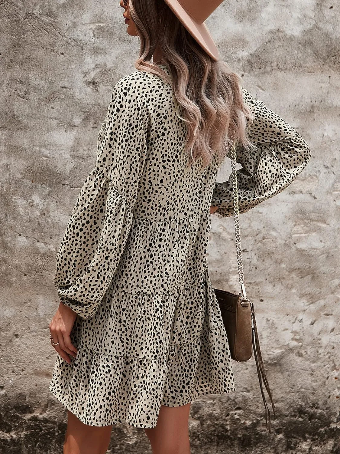 TEMOFON Womens Long Sleeve Dress: Leopard Printed Tunic Casual Loose V Neck Fall Flowy Mini Dresses S-XL