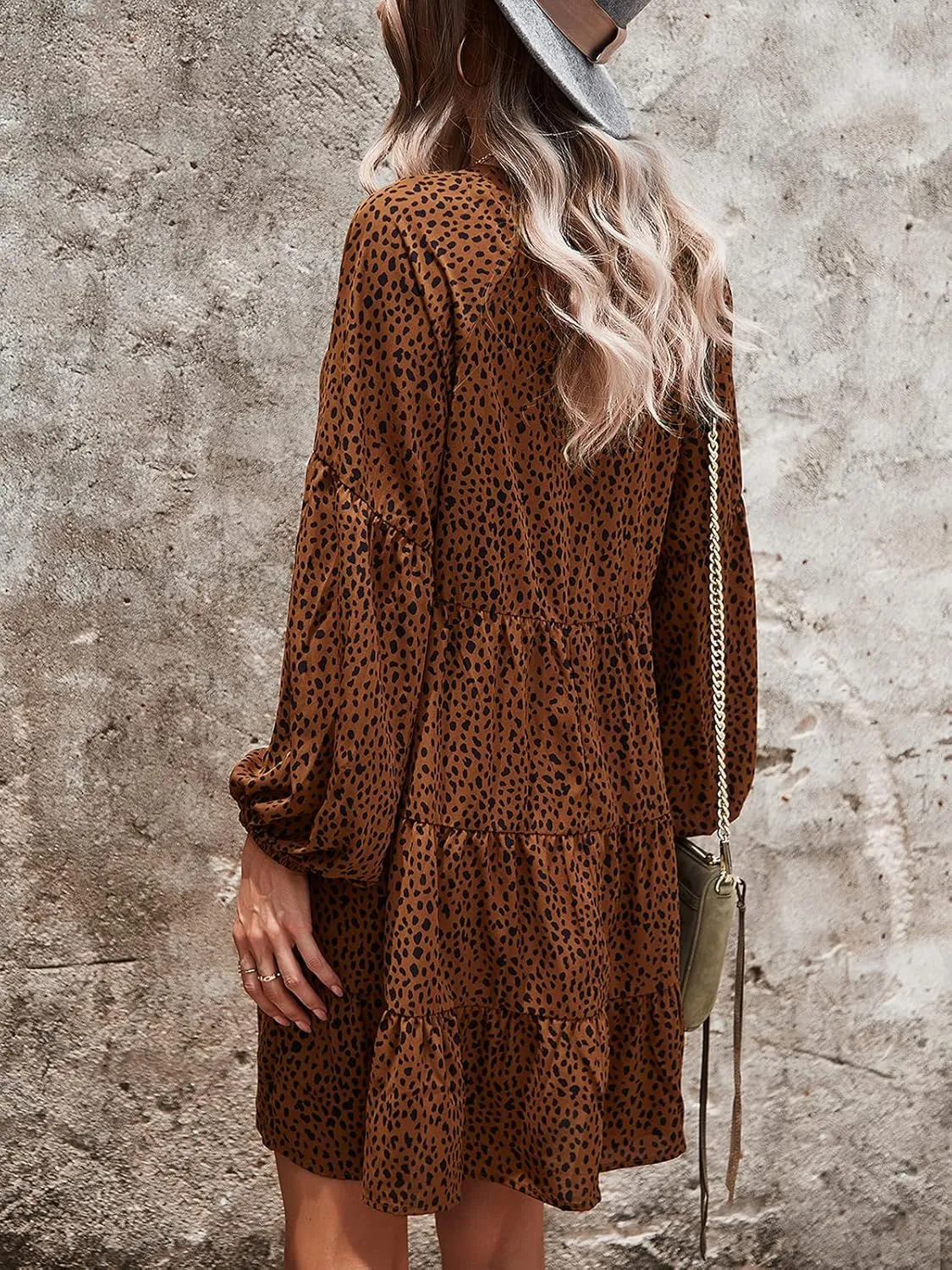 TEMOFON Womens Long Sleeve Dress: Leopard Printed Tunic Casual Loose V Neck Fall Flowy Mini Dresses S-XL