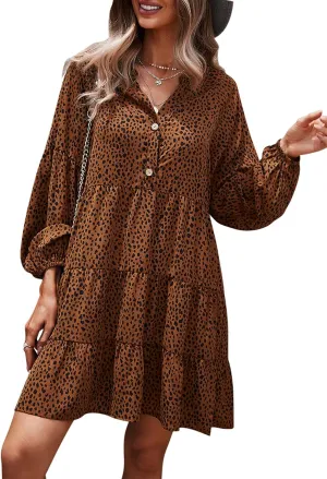 TEMOFON Womens Long Sleeve Dress: Leopard Printed Tunic Casual Loose V Neck Fall Flowy Mini Dresses S-XL